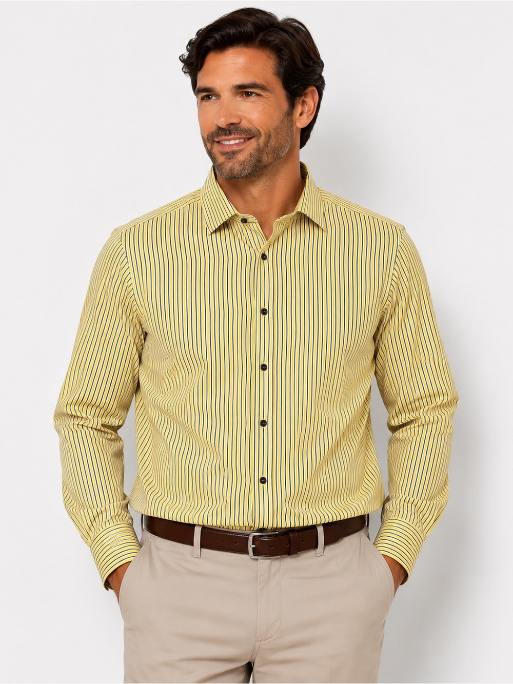 BOSS Hugo Boss Slim Fit Yellow Blue Striped Dress Shirt Mens 44 17.5 Large